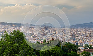 Panoramic view on Barcelona sightseeing places in sun light, Spain