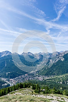 Panoramic view of Bardonecchia village from above, Italy