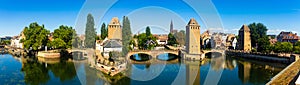 Panoramic view from Barrage Vauban of Ponts Couverts with watchtowers in Strasbourg