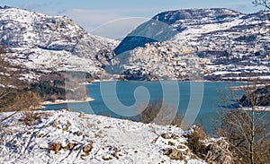 Panoramic view in Barrea during winter season. Province of L`Aquila, Abruzzo, Italy.