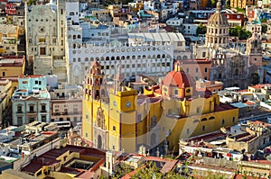 Panoramic view of Basilica of Our Lady, beautiful yellow church of the city of Guanajuato, Mexico