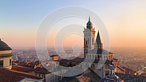 Panoramic view of the Basilica of Santa Maria Maggiore, Cappella Colleoni Chapel and the Cathedral in Citta Alta of Bergamo,