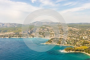 Panoramic view of bay of Cassis, Cassis town, Provence, France