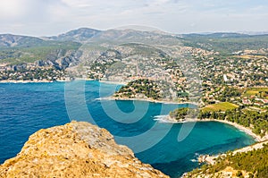 Panoramic view of bay of Cassis, Cassis town, Provence, France