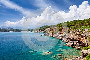 Panoramic view on bay of old greek town Phaselis. Coast near Kemer, Antalya, Turkey