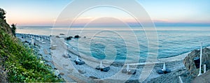 Panoramic view of a beach in Agiokampos, Greece at sunset