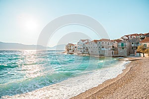 Panoramic view on a beach of a small town Postira - Croatia, island Brac