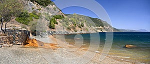 Panoramic view of the  beach with a healing spring at the Spa resort in the village of Ilia on the Greek island of Evia in Greece