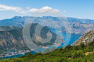 Panoramic view on the beautiful bay of Kotor lying between the mountains at the Adriatic seacoast