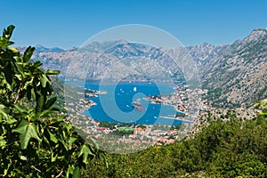 Panoramic view on the beautiful bay of Kotor lying between the mountains at the Adriatic seacoast