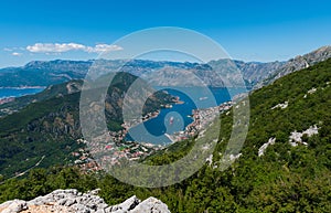 Panoramic view on the beautiful bay of Kotor lying between the mountains at the Adriatic seacoast