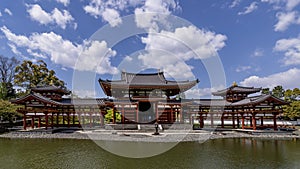 Panoramic view of the beautiful Byodo-in temple in Uji, Kyoto, Japan, on a beautiful sunny day with some clouds