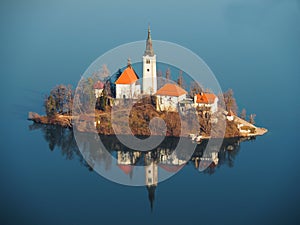 Panoramic view of beautiful church on the island on lake Bled (Slovenia)