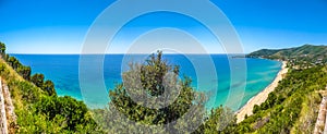 Panoramic view of beautiful coastal landscape at the Cilentan Coast, province of Salerno, Campania, southern Italy