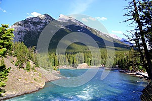 Panoramic View: A Beautiful day in Canada - Hiking and exploring in Banff Nationalpark / Bow River near and Tunnel Mountain