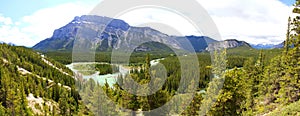 Panoramic View: A Beautiful day in Canada - Hiking and exploring in Banff Nationalpark / Bow River near and Tunnel Mountain