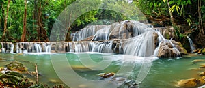 Panoramic view of a beautiful deep forest waterfall in Thailand, surrounded by lush greenery. Ai Generated