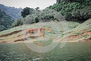 Panoramic view of beautiful lake and mountain landscape fresh green valley at Khun Dan Prakan Chon Dam Nakhon Nayok Thailand.