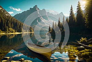 Canoe beached on the shore of a green landscape with rugged mountains