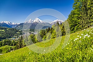 Panoramic view of beautiful landscape in the Bavarian Alps with Katzmann