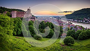 Panoramic view of beautiful medieval town Heidelberg including Carl Theodor Old Bridge, Neckar river, Church of the Holy Spirit,