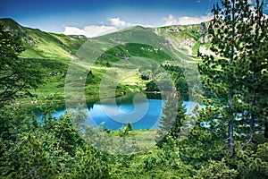 Panoramic view of beautiful mountain range with crystal clear lake