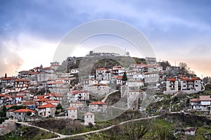 Panoramic view of a beautiful mountain village named Dimitsana at sunset. Peloponesse, Greece