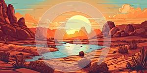 Panoramic view of beautiful nature landscape. Orange desert Colorful cartoon style illustration, Generative AI