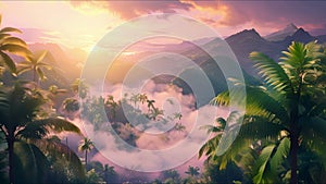 Panoramic view of beautiful rainforest. Beautiful sky, mountains and jungle. Aerial view. Prehistoric earth. Ai