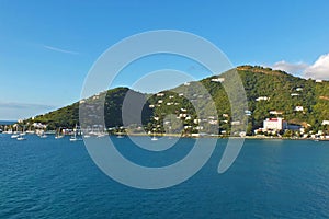 Panoramic view beautiful scenery of coastline of Tortola island Caribbean The British Virgin islands from cruise ship sunny day