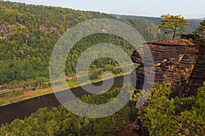 Panoramic view from the Belvedere Labska stran over the Elbe River, Elbe Sandstone Mountains, Bohemian Switzerland National Park