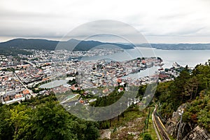 Panoramic view of Bergen and harbor from Mount Floyen, Bergen, Norway.