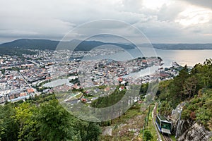 Panoramic view of Bergen and harbor from Mount Floyen, Bergen, Norway.