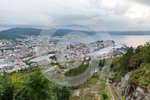 Panoramic view of Bergen and harbor from Mount Floyen, Bergen, Norway.