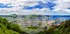 Panoramic view on Bergen and harbor from the mountain Floyen top.