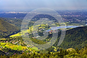 Panoramic view of Beskidy Mountains surrounding Miedzybrodzkie Lake and Porabka town seen from Gora Zar mountain in Poland