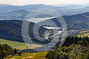 Panoramic view of Beskidy Mountains surrounding Zywieckie and Miedzybrodzkie Lake near Zywiec in Poland