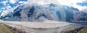 Panoramic view of the Bezengi wall. Bezengi glacier and the glacial landscape. Main Caucasian Range.