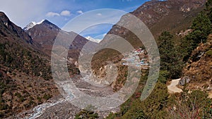 Panoramic view of Bhote Koshi valley with small village Thamu on the way to Thame, Khumbu, Himalayas, Nepal.
