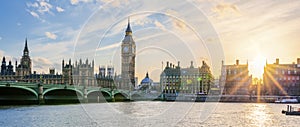 Panoramic view of Big Ben clock tower in London at sunset