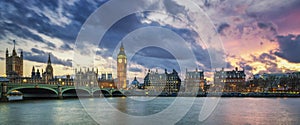 Panoramic view of Big Ben in London at sunset