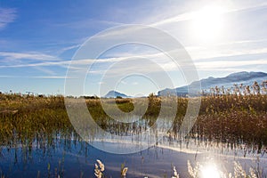 Panoramic view of a bird observatory, in the wetlands natural park La Marjal in Pego and Oliva, Spain