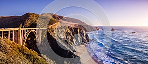 Panoramic view of Bixby Creek Bridge and the dramatic Pacific Ocean coastline, Big Sur, California