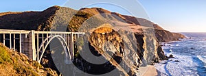 Panoramic view of Bixby Creek Bridge and the dramatic Pacific Ocean coastline, Big Sur, California