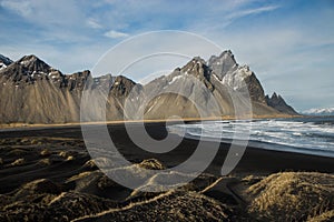 Panoramic view of black sand beach at Stokksnes with Vestrahorn mountain near Hofn South Iceland Europe