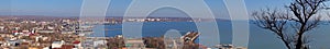 Panoramic view of the Black Sea from the mountain in the city of Kerch under the blue sky