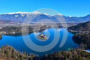 Panoramic view of Bled lake and Karavanke mountains in Gorenjska, Slovenia