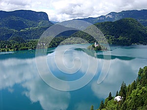 Panoramic view of Bled Lake with Pilgrimage Church of the Assumption of Maria, Slovenia