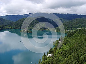 Panoramic view of Bled Lake with Pilgrimage Church of the Assumption of Maria, Slovenia