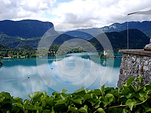 Panoramic view of Bled Lake with Pilgrimage Church of the Assumption of Maria, Slovenia